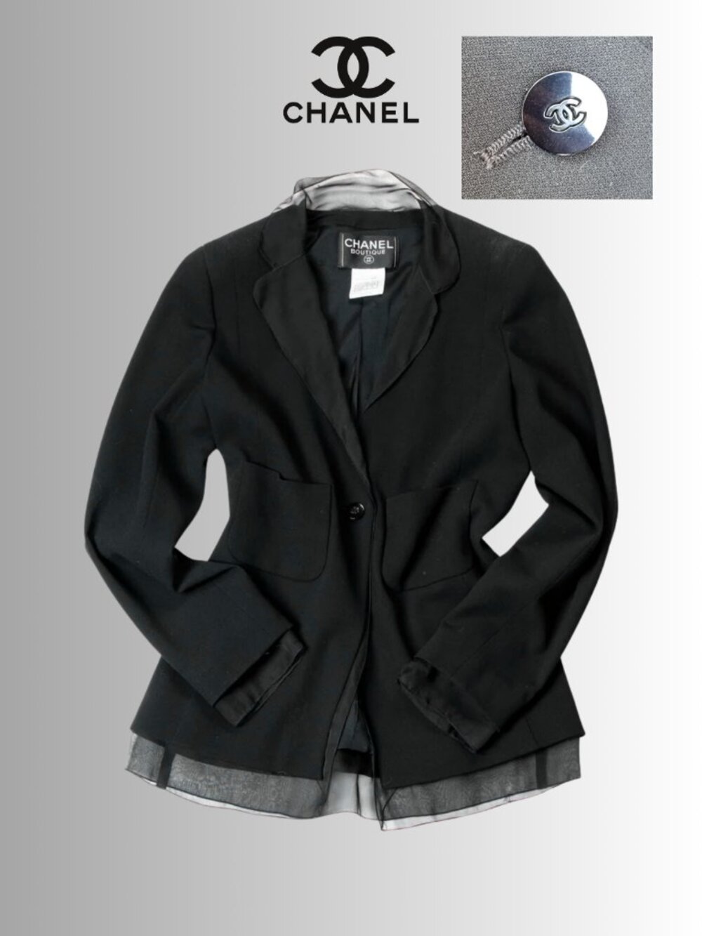 CHANEL jacket size 48, 14 - 16 US, black lightweight wool & sheer silk accents